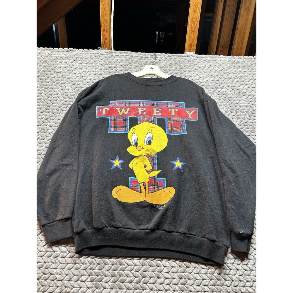 Vintage 1993 Looney Tunes Tweety Bird Sweatshirt Black Plaid Warner Bros 90s